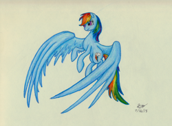 Size: 1586x1166 | Tagged: safe, artist:destology, imported from derpibooru, rainbow dash, pegasus, pony, large wings, solo, traditional art, wings