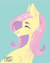 Size: 1259x1600 | Tagged: safe, artist:shhhift, imported from derpibooru, fluttershy, pegasus, pony, bust, cute, daaaaaaaaaaaw, eyes closed, female, green background, mare, shyabetes, signature, simple background, solo, wingless