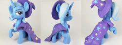 Size: 5184x1920 | Tagged: safe, artist:sparkle257, imported from derpibooru, trixie, pony, unicorn, cape, clothes, craft, female, figurine, hat, irl, looking at you, mare, photo, raised hoof, sculpture, solo, traditional art, trixie's cape, trixie's hat