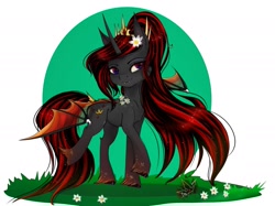 Size: 1947x1456 | Tagged: safe, artist:martazap3, imported from derpibooru, oc, oc only, alicorn, dracony, dragon, hybrid, pony, black and red mane, crown, dragon wings, flower, flower in hair, horn, horns, jewelry, mlpoc, regalia, solo, wings