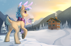 Size: 3000x1950 | Tagged: safe, artist:trickate, imported from derpibooru, oc, oc only, oc:karolin, deer, pony, reindeer, clothes, female, hut, magic, mountain, mug, scarf, scenery, snow, snowy mountain