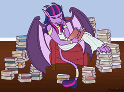 Size: 2012x1500 | Tagged: safe, artist:misskanabelle, imported from derpibooru, twilight sparkle, anthro, digitigrade anthro, dragon, gargoyle, alternate universe, armchair, book, chair, dragoness, dragonified, female, reading, signature, sitting, species swap, twilidragon