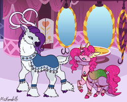 Size: 1862x1500 | Tagged: safe, artist:misskanabelle, imported from derpibooru, pinkie pie, rarity, changedling, changeling, deer, pony, reindeer, alternate universe, antlers, changedlingified, deerified, duo, female, looking back, mirror, rarideer, reindeerified, signature, species swap