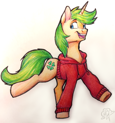 Size: 3405x3636 | Tagged: safe, artist:megabait, imported from derpibooru, oc, oc only, oc:markov, pony, unicorn, 4chan, green hair, happy, high res, painting, pencil, traditional art