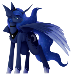 Size: 1280x1334 | Tagged: safe, artist:wingofpegacraft, imported from derpibooru, princess luna, alicorn, pony, big ears, blue mane, blue tail, chest fluff, choker, crown, ear fluff, ethereal mane, eyelashes, feather, female, flowing mane, flowing tail, green eyes, hoof shoes, horn, jewelry, looking at you, regalia, scar, simple background, smiling, solo, starry mane, tied tail, transparent background, watermark, wings