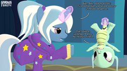 Size: 3413x1920 | Tagged: safe, artist:gradiusfanatic, imported from derpibooru, trixie, oc, oc:alex, dragon, pony, unicorn, 3d, alternate hairstyle, babysitter trixie, clothes, duo, female, hoodie, male, source filmmaker, spanish text, translated in the description