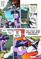 Size: 1204x1700 | Tagged: safe, artist:tarkron, imported from derpibooru, imported from twibooru, rarity, spike, twilight sparkle, oc, oc:cosmo cool, alicorn, dragon, pony, unicorn, comic:the royal sandal, arm behind back, boop, comic, crying, detective rarity, face down ass up, nose wrinkle, noseboop, speech bubble, tears of pain, twilight sparkle (alicorn)