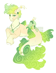 Size: 1280x1648 | Tagged: safe, artist:shady-bush, imported from derpibooru, oc, oc only, hybrid, merpony, original species, scented pony, seapony (g4), closed species, dorsal fin, eyelashes, fangs, fish tail, flowing tail, green mane, jewelry, male, necklace, simple background, smiling, solo, stallion, tail, transparent background, unshorn fetlocks, watermark