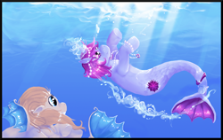 Size: 652x412 | Tagged: safe, artist:panai, imported from derpibooru, oc, oc only, merpony, pony, sea pony, seapony (g4), unicorn, bubble, crepuscular rays, female, fish tail, flowing tail, glowing horn, horn, jewelry, looking up, necklace, ocean, pearl necklace, purple eyes, seaponified, smiling, species swap, sunlight, swimming, tail, underwater, water