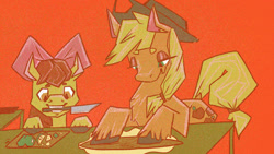 Size: 1280x720 | Tagged: safe, artist:lemonlagomorph, imported from derpibooru, apple bloom, applejack, earth pony, pony, apple, cooking, female, filly, food, knife, mare, mouth hold, siblings