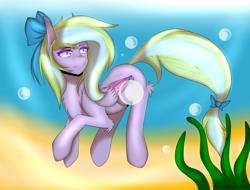 Size: 2809x2135 | Tagged: safe, artist:cannoncar, imported from derpibooru, oc, oc only, oc:bay breeze, pegasus, pony, bubble, chest fluff, colored pupils, commission, crepuscular rays, female, flowing tail, folded wings, high res, ocean, pink eyes, ribbon, seaweed, smiling, solo, sunlight, swimming, underwater, water, wings