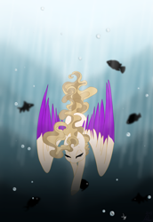 Size: 1431x2078 | Tagged: safe, artist:lunashinearts, imported from derpibooru, oc, oc only, fish, pegasus, pony, brown mane, bubble, eyelashes, eyes closed, feather, female, flowing mane, flowing tail, looking down, ocean, solo, sunlight, swimming, underwater, water, wings