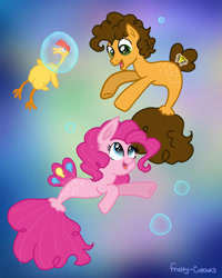 Size: 945x1181 | Tagged: safe, artist:frosty-cupcak3, imported from derpibooru, cheese sandwich, pinkie pie, earth pony, pony, seapony (g4), blue eyes, brown mane, bubble, dorsal fin, female, fish tail, flowing tail, gray eyes, looking at each other, male, mare, open mouth, pink mane, seaponified, seapony pinkie pie, signature, smiling, species swap, stallion, tail, underwater, water