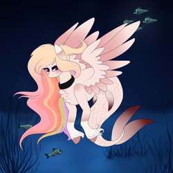 Size: 2000x2000 | Tagged: safe, artist:outlastien, imported from derpibooru, oc, oc only, fish, hybrid, merpony, pegasus, pony, seapony (g4), blushing, chest fluff, commission, eyelashes, feather, female, fins, fish tail, flowing mane, flowing tail, high res, ocean, red eyes, seaponified, seaweed, solo, species swap, spread wings, tail, underwater, unshorn fetlocks, water, wings, ych result