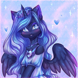 Size: 3000x3000 | Tagged: safe, artist:zefirka, imported from derpibooru, princess luna, alicorn, pony, semi-anthro, blushing, chest fluff, clothes, crown, cute, ear fluff, floating heart, heart, high res, jewelry, lunabetes, regalia, solo