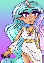 Size: 2480x3508 | Tagged: safe, artist:prizecow, imported from derpibooru, princess celestia, human, clothes, dress, elf ears, high res, horn, horned humanization, humanized, long nails