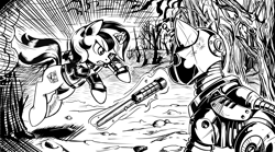 Size: 4252x2364 | Tagged: safe, artist:lexx2dot0, imported from derpibooru, oc, oc only, oc:blackjack, pony, unicorn, fallout equestria, fallout equestria: project horizons, series:ph together we reread, black and white, book, clothes, comic, duo, fanfic art, grayscale, horn, jumpsuit, monochrome, pipbuck, small horn, vault security armor, vault suit