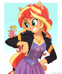 Size: 2218x2675 | Tagged: safe, artist:lummh, imported from derpibooru, ray, sunset shimmer, gecko, human, leopard gecko, lizard, equestria girls, clothes, clothes swap, cosplay, costume, crossdressing, cute, dress, duo, duo male and female, eyebrows, female, frown, grin, happy, high res, jacket, lidded eyes, male, ponied up, pony ears, rapunzel, ray is not amused, signature, smiling, tangled (disney), teeth, unamused, unhappy