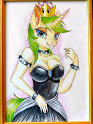 Size: 3472x4640 | Tagged: safe, artist:megabait, imported from derpibooru, oc, oc:markov, anthro, unicorn, bowsette, breasts, cleavage, clothes, cosplay, costume, crossover, crown, green hair, jewelry, painting, pencil, regalia, rule 63, super crown, traditional art