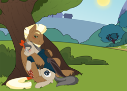 Size: 2225x1599 | Tagged: safe, artist:tejedora, imported from derpibooru, oc, oc only, oc:stoutheart, oc:waxing lyrical, bat pony, earth pony, pony, clothes, glasses, hug, male, shirt, stallion, sun, tree