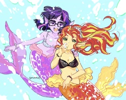 Size: 2048x1640 | Tagged: safe, artist:5mmumm5, imported from derpibooru, sci-twi, sunset shimmer, twilight sparkle, mermaid, equestria girls, bare shoulders, breasts, bubble, cleavage, ear fins, female, glasses, lesbian, mermaid tail, mermaidized, midriff, open mouth, open smile, scitwishimmer, shipping, sleeveless, smiling, species swap, sunsetsparkle, underwater, water