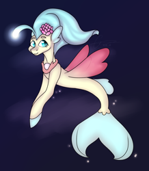 Size: 1434x1641 | Tagged: safe, artist:voxeu, imported from derpibooru, princess skystar, seapony (g4), my little pony: the movie, bioluminescent, blue eyes, blue mane, bubble, collaboration, dorsal fin, female, fin wings, fish tail, flower, flower in hair, flowing mane, flowing tail, glow, glowing, jewelry, looking at you, necklace, pearl necklace, red wings, smiling, solo, swimming, tail, underwater, wings