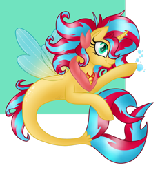 Size: 2360x2541 | Tagged: safe, artist:daringashia, imported from derpibooru, oc, oc only, alicorn, pony, seapony (g4), adoptable, bubble, clothes, dorsal fin, female, fin wings, fish tail, flowing mane, green eyes, high res, horn, jewelry, magical lesbian spawn, multicolored hair, necklace, not sunset shimmer, offspring, parent:princess skystar, parent:sunset shimmer, parents:skyset, seaponified, see-through, simple background, smiling, solo, species swap, tail, wings