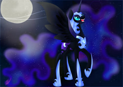 Size: 2912x2059 | Tagged: safe, artist:zedd-jetstream, imported from derpibooru, nightmare moon, alicorn, pony, blue eyes, blue mane, ethereal mane, female, flowing mane, flowing tail, high res, hoof shoes, horn, moon, moonlight, night, open mouth, solo, spread wings, starry mane, stars, teeth, wings