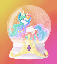 Size: 2307x2560 | Tagged: safe, artist:zedd-jetstream, imported from derpibooru, princess celestia, alicorn, pony, clothes, crown, female, flowing mane, flowing tail, folded wings, high res, horn, jewelry, multicolored hair, purple eyes, regalia, scarf, signature, simple background, snow, snow globe, solo, wings