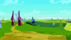 Size: 1280x720 | Tagged: safe, imported from derpibooru, screencap, games ponies play, background, cloud, crystal empire, day, friendship express, path, railroad, scenery, scenic ponyville, train station