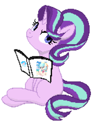 Size: 1500x1980 | Tagged: safe, artist:maren, artist:ricolove, color edit, edit, imported from derpibooru, coco pommel, starlight glimmer, pony, book, colored, pixel art, simple background, solo