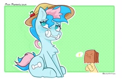 Size: 2000x1300 | Tagged: safe, artist:matterproblem, imported from derpibooru, oc, oc only, oc:blue chewings, oc:paper bag, earth pony, pony, chew toy, colt, duo, foal, hat, male, paper bag, pictogram, sitting, sweat