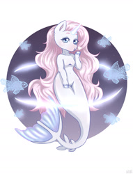 Size: 1280x1677 | Tagged: safe, artist:artnir, imported from derpibooru, oc, oc only, fish, hybrid, merpony, pony, seapony (g4), unicorn, blue eyes, female, fish tail, flowing mane, heart, horn, looking at you, pink mane, seaponified, simple background, solo, species swap, tail, white background