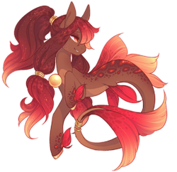 Size: 815x790 | Tagged: safe, artist:endeth, imported from derpibooru, oc, oc only, merpony, seapony (g4), auction, dorsal fin, eyelashes, female, fins, fish tail, flowing mane, jewelry, looking back, markings, orange eyes, pale belly, red mane, ring, simple background, smiling, solo, tail, tail ring, transparent background, unshorn fetlocks