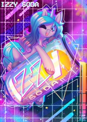 Size: 2480x3508 | Tagged: safe, artist:musicfirewind, artist:wavecipher, imported from derpibooru, izzy moonbow, pony, unicorn, cute, female, g5, heart, heart eyes, high res, izzybetes, mare, one eye closed, open mouth, soda can, solo, stars, text, triangle, vaporwave, wingding eyes, wink