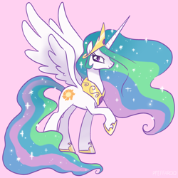 Size: 2048x2048 | Tagged: safe, artist:pfeffaroo, imported from derpibooru, princess celestia, alicorn, pony, female, high res, mare, pink background, profile, raised hoof, simple background, smiling, solo, spread wings, wings