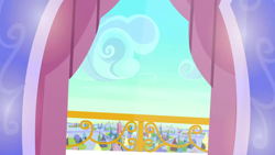 Size: 1280x720 | Tagged: safe, imported from derpibooru, screencap, games ponies play, background, balcony, cloud, crystal castle, crystal empire, no pony, scenic ponyville
