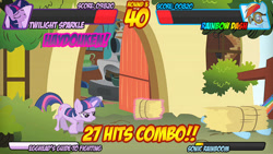 Size: 640x360 | Tagged: safe, imported from derpibooru, rainbow dash, twilight sparkle, pegasus, pony, unicorn, fighting is magic, fluttershy's cottage, hadouken, hay, hay bale, implied rainbow dash, unicorn twilight