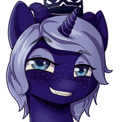 Size: 3508x3508 | Tagged: safe, artist:shiimosa, imported from derpibooru, oc, oc only, oc:blizzard shard, pony, succubus, unicorn, bust, dark skin, eyebrows, eyebrows visible through hair, freckles, grin, high res, jewelry, male, portrait, regalia, short mane, simple background, smiling, smug, solo, stallion, transparent background, trap, watermark