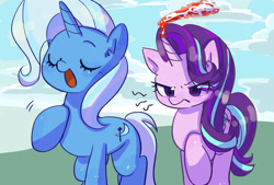 Size: 2273x1536 | Tagged: safe, artist:770nanao15, imported from derpibooru, starlight glimmer, trixie, pony, unicorn, all bottled up, season 7, anger magic, angry, cloud, cute, diatrixes, duo, duo female, ear fluff, eye clipping through hair, eyebrows, eyebrows visible through hair, eyes closed, female, frown, glimmerbetes, glowing horn, hoof on chest, horn, madorable, magic, mare, open mouth, open smile, scene interpretation, smiling, translation request