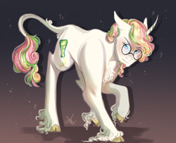 Size: 1461x1188 | Tagged: safe, artist:bunnari, imported from derpibooru, oc, oc only, oc:professor mochi, pony, unicorn, beard, curved horn, facial hair, glasses, horn, leonine tail, male, solo, stallion