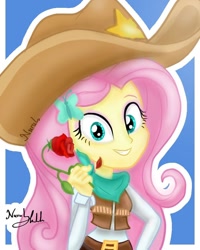 Size: 768x960 | Tagged: safe, artist:fluttershy_art.nurul, imported from derpibooru, fluttershy, equestria girls, belt, belt buckle, clothes, clothes swap, context in description, cowboy hat, cowgirl, cute, facebook, flower, hat, jeans, looking at you, meme, pants, rose, shyabetes, solo, stetson, vest, western, wild rag