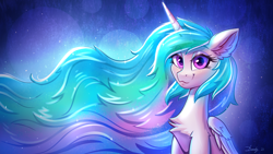 Size: 3840x2160 | Tagged: safe, artist:dandy, imported from derpibooru, princess celestia, alicorn, pony, chest fluff, cute, cutelestia, ear fluff, ethereal mane, eyebrows, eyebrows visible through hair, eyelashes, female, high res, horn, looking at you, sitting, solo, wallpaper, wings