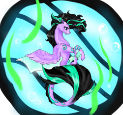 Size: 1398x1301 | Tagged: safe, artist:mystress-of-magic01, imported from derpibooru, oc, oc only, alicorn, pony, seapony (g4), blue eyes, bubble, fish tail, flowing mane, flowing tail, horn, seaponified, seaweed, signature, smiling, solo, species swap, spread wings, swimming, tail, underwater, water, wings