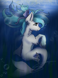 Size: 1536x2048 | Tagged: safe, artist:artistqueene, imported from derpibooru, oc, oc only, hybrid, merpony, seapony (g4), blue eyes, blue mane, bubble, crepuscular rays, dorsal fin, eyelashes, fins, fish tail, flowing mane, flowing tail, ocean, open mouth, ribbon, seaweed, signature, solo, swimming, tail, underwater, unshorn fetlocks, water