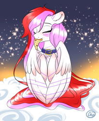 Size: 1800x2200 | Tagged: safe, artist:plaguemare, imported from derpibooru, oc, oc only, oc:mizhore, pegasus, pony, blushing, cloud, collar, female, food, mare, on a cloud, pizza, sitting, sky, stars, sunrise, wings