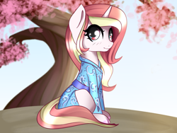 Size: 1600x1200 | Tagged: safe, artist:plaguemare, imported from derpibooru, oc, oc only, pony, unicorn, cherry blossoms, clothes, female, flower, flower blossom, kimono (clothing), looking at you, mare, sitting, solo, tree