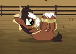 Size: 912x650 | Tagged: safe, imported from derpibooru, screencap, trouble shoes, earth pony, pony, appleoosa's most wanted, bondage, bridle, colt, cropped, fence, hogtied, lasso, lying down, male, on back, rope, solo, tack, tied up, unshorn fetlocks, younger