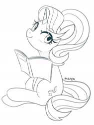 Size: 1551x2048 | Tagged: safe, artist:maren, imported from derpibooru, starlight glimmer, pony, unicorn, book, eye clipping through hair, eyebrows, eyebrows visible through hair, looking at you, monochrome, simple background, sitting, sketch, smiling, smiling at you, solo, white background