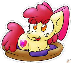 Size: 946x844 | Tagged: safe, artist:zutcha, imported from derpibooru, apple bloom, earth pony, pony, apple bloom's bow, bed, behaving like a cat, behaving like a dog, bow, cute, eye clipping through hair, female, filly, freckles, hair bow, happy, open mouth, open smile, simple background, smiling, solo, transparent background, weapons-grade cute